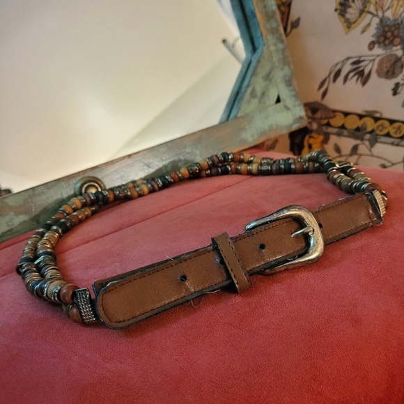 Vintage Accessories - Vintage Wooden Beaded Belt In Light Brown Leather - M/L